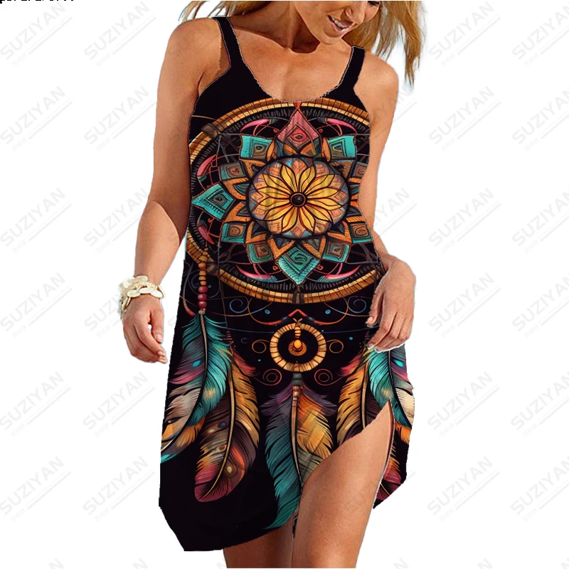 Dream Catcher Feather Printing Dress Summer Comfortable Breathable Dress Casual Sleeveless Dress Women's New Dress