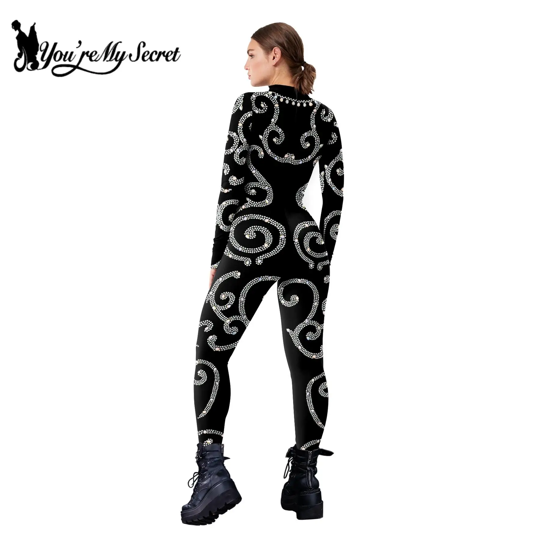 [Je Bent Mijn Geheim] Vrouwen Jumpsuit Pailletten Kant Patroon Bedrukt Bodysuit Glanzend Sexy Jumpsuit Volwassen Carnaval Feest Nachtclub Outfits