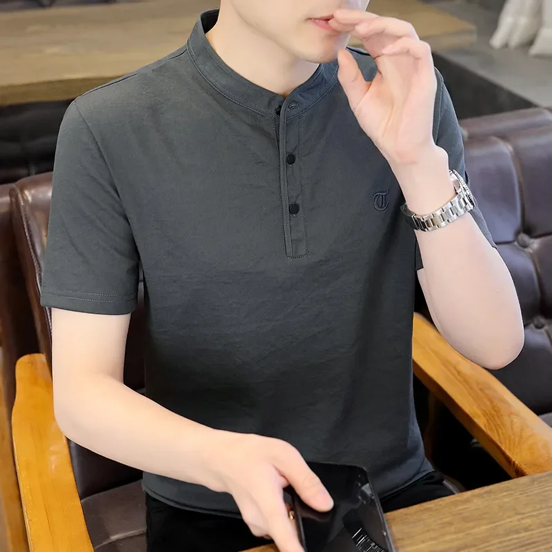 Men's Linen Cotton Embroidered Henley T Shirt Loose Casual Quick Dry Short Sleeve Tee