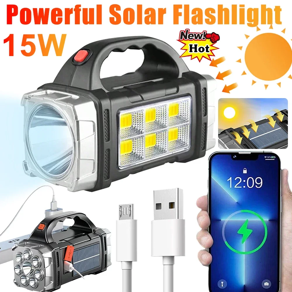 

15W Solar LED Flashlight Powerful COB Work Light USB Rechargeable LED Light Charge Mobile Phone Lamp Emergency Camping Lamp