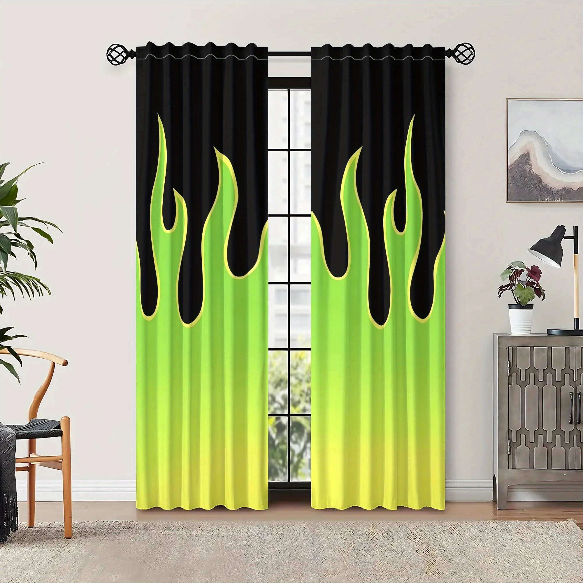 Yellow Green Flame Print Curtains Pair Gradient Tropical Bohemian Window Curtains for Home Living Room Decor