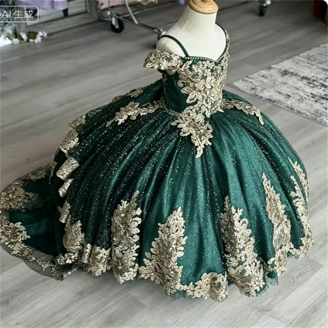 Luxury Green Flower Girls Dress Quality Gold Applique Printing For Wedding Ball Little Girls Birthday Party Evening Dresses