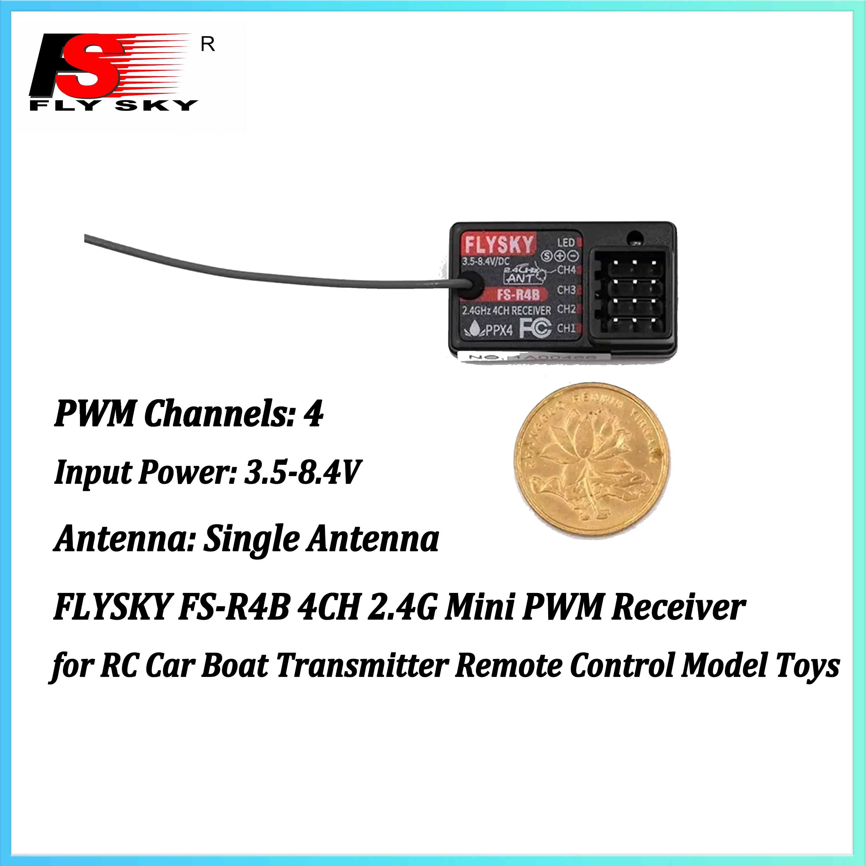 FLYSKY FS-R4B 4 Channel 4CH 2.4GHz ANT Single Antenna Mini PWM Receiver for RC Car Boat Transmitter Remote Control Model Toys