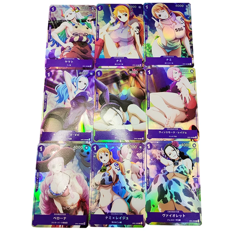 9Pcs/set Sexy Anime Girl Flash Card One Piece Nami Reiju Perona Yamato Uta Vivi Nico Robin Koala Cosplay Game Collection Cards