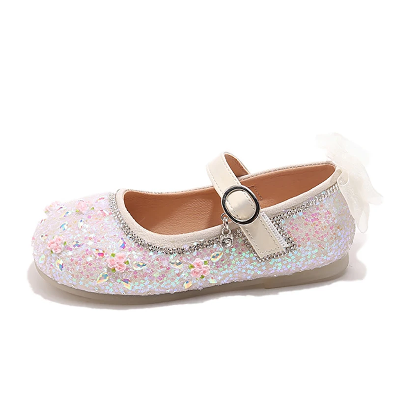 2025 New Girls Princess Shoes for Wedding Party Kids Crystal Flats with Bow-knot on The Back Floral Children School Sweet Shoes