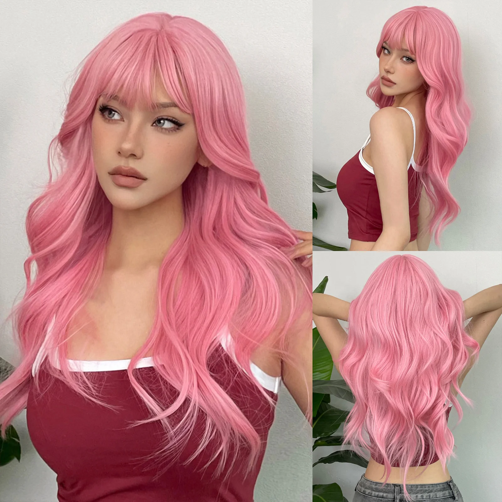 Parrucche per capelli lunghi rosa con onda del corpo con frangia Parrucche per capelli in fibra sintetica per donne Ragazze per feste Cosplay Usa festival musicali da 24 pollici