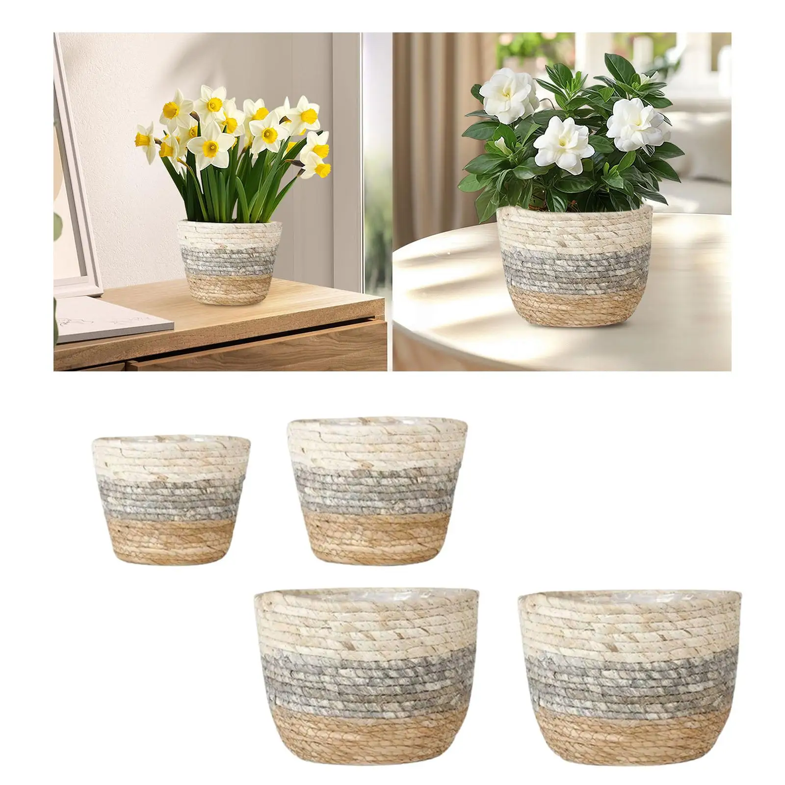 Woven Plant Basket Weaving Plants Basket Farmhouse with Waterproof Liner Storage Organizer Multi Purpose Plant Pot Holder