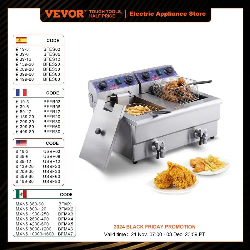 VEVOR  Commercial Electric Deep Fryer w/Dual Tanks 12L 3000W  Stainless Steel Countertop Fryer for Fried Chicken French Fries