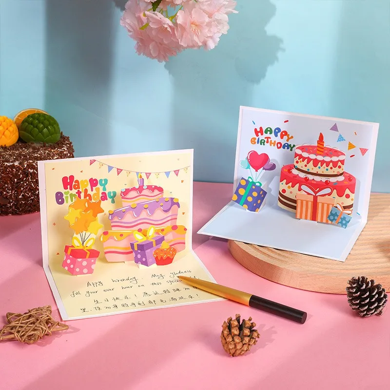 Nuovo stile pop up Instagram Biglietto d'auguri per torta di compleanno 3D carino creativo pieghevole benedizione Biglietti regalo fatti a mano fai-da-te