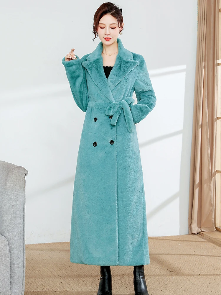 Nerazzurri Winter Extra Long Thick Warm Soft Black Fluffy Faux Rabbit Fur Coat Women Sashes Double Breasted Maxi A Line Overcoat