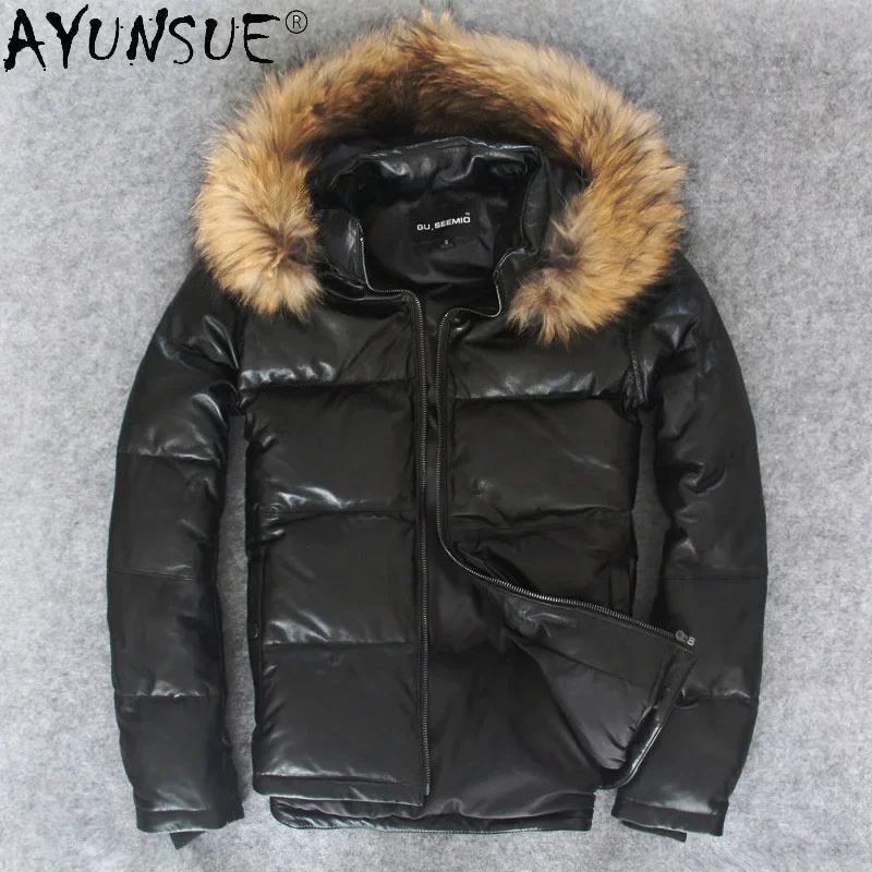 

AYUNSUE 100% Genuine Sheepskin Leather Jacket Autumn Winter White Duck Down Coat Hooded Raccoon Fur Collar Puffer Jacket Men