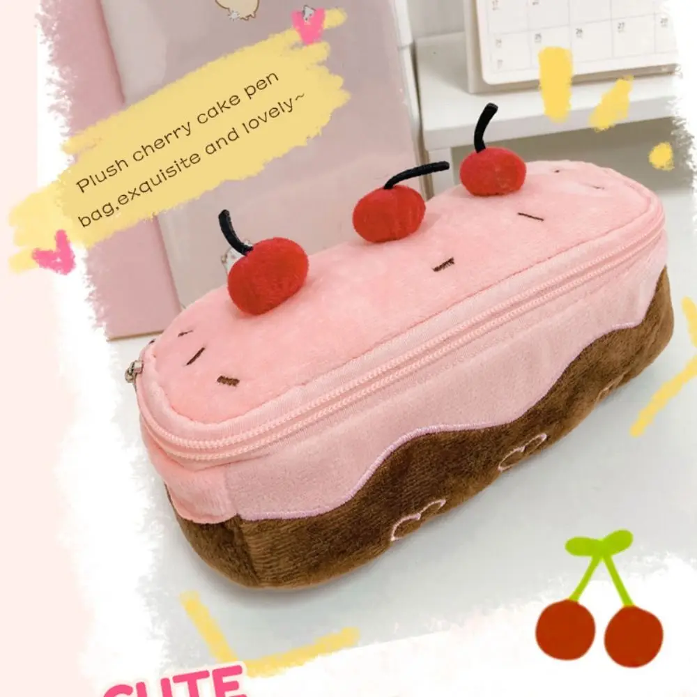 New Plush Pen Bag Cherry Cake Portable Stationery Bag Large Capacity Multifunction Pen Pouch Students