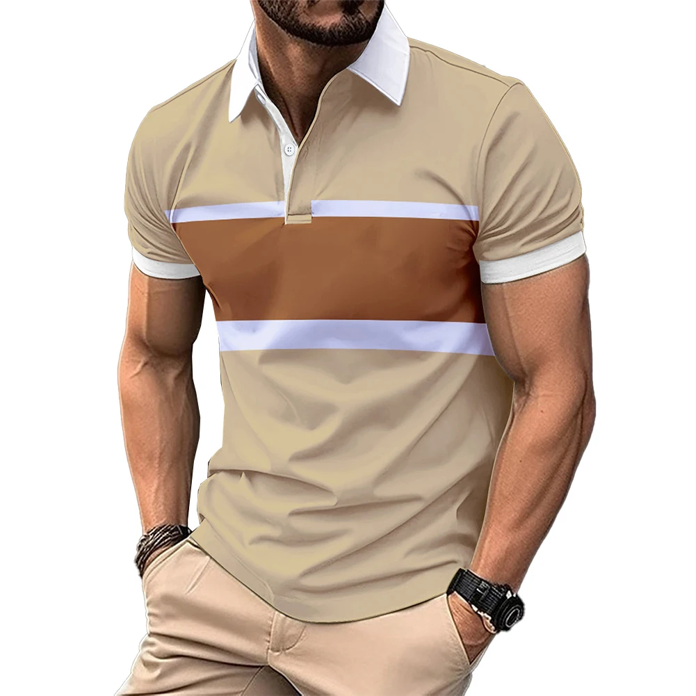 Mens Tops Shirt Short Sleeve Slim Fit Stripe Tee Blouse Button Collar Casual For Summer Polyester Sport Fashion