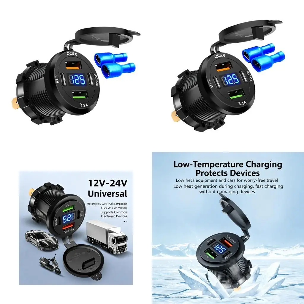 Road Trip USB Power Socket for 12V-24V Vehicle Panels, Four Front Ports, Built-In Readout, Round Mount Outlet for Car Motorcycle