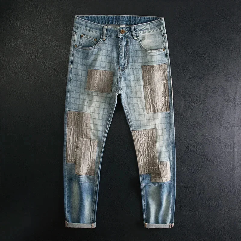 

Gradient contrasting patch denim jeans with men's slim fit, elastic mesh, fashionable design, long pants