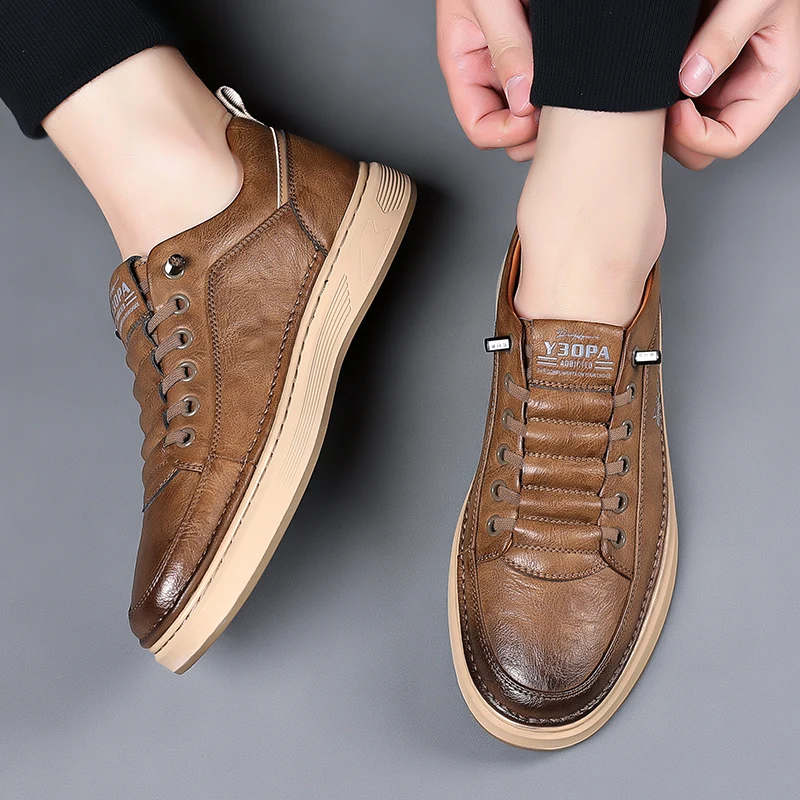 Men's Genuine Leather Casual Shoes Thick Soles High Height British Shoes Fashionable Brown Men's Sports Shoes Wear-resistant