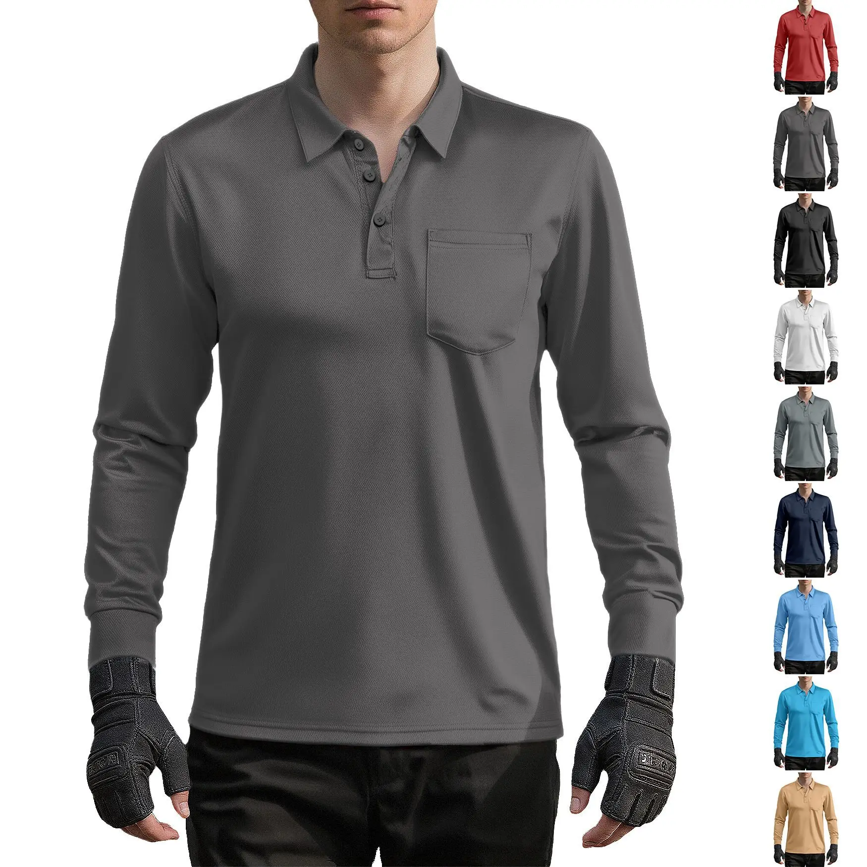 European American Men Solid Outdoor Sports Simple Basic Casual Trendy Daily Long Sleeve Turn-down Collar Polo Shirts Male Tops