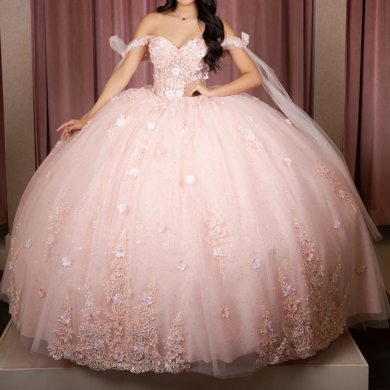 Pink Shiny Quinceanera Dresses Ball Gown Off The Shoulder Applique 3D Flowers Beads Tull With Cape Corset Vestidos 15 De XV Años