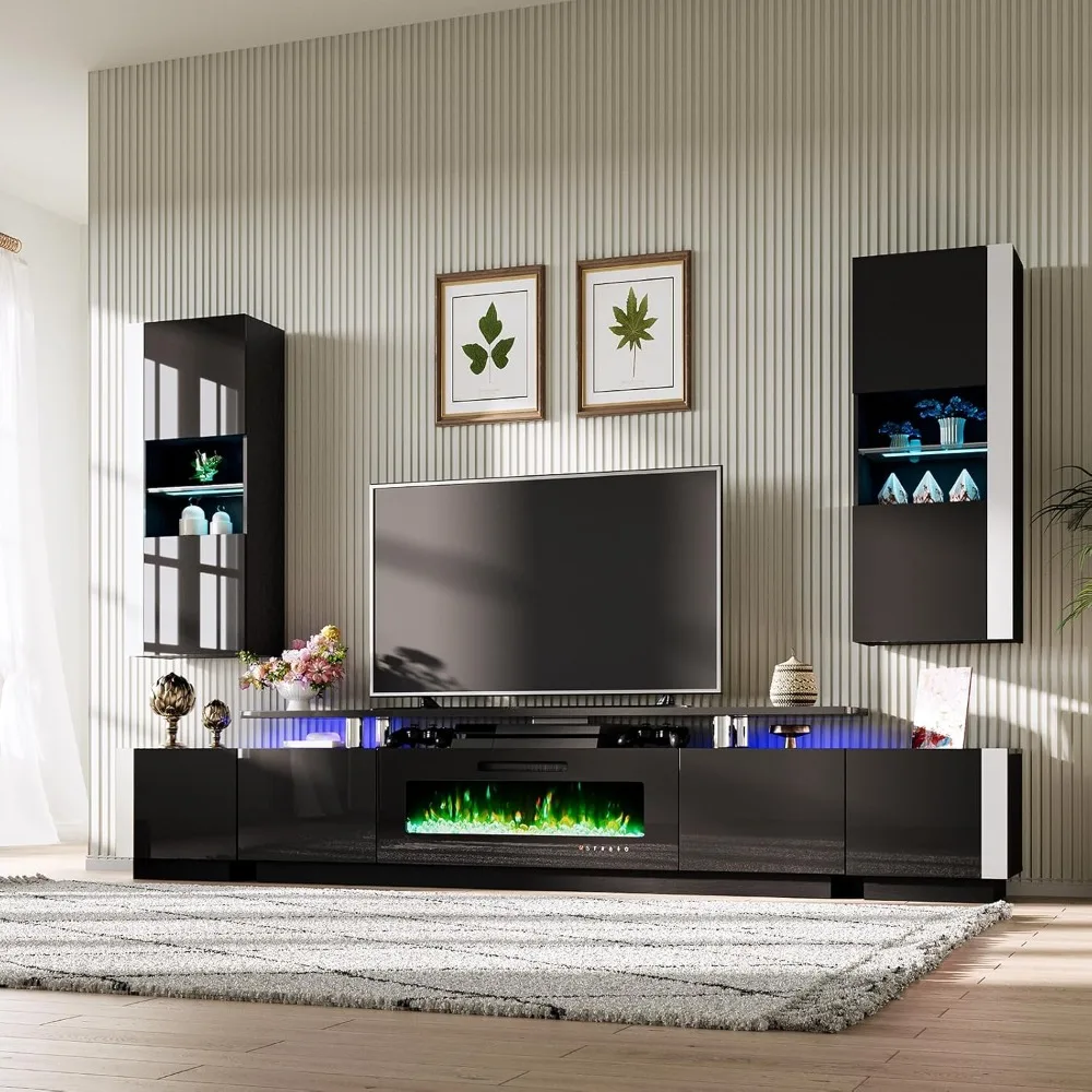 

Wall Unit Entertainment Center with Fireplace and Storage, Includes 80 2-Tier Fireplace TV Stand, 2 x Wall Cabinets
