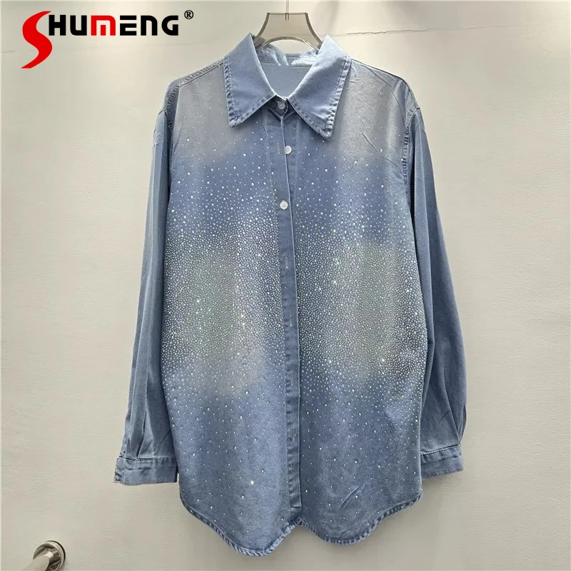 

Новинка Весна 2026: Модные джинсовые рубашки-куртки с эффектом звездного неба и стразами, универсальные стильные топы с отложным воротником для женщин, в уличном стиле