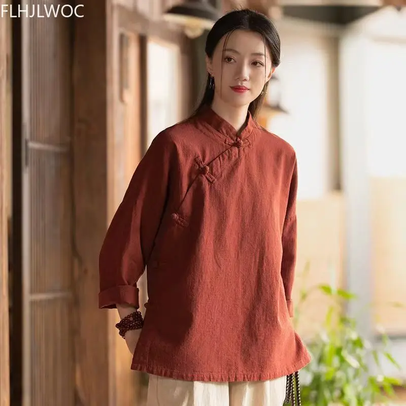 Cotton Linen Tops Chinese Style Chi-pao Collar Design 2025 Autumn Women Date Girls Elegant Retro Red White Shirt Blouse Vintage - Detail 1
