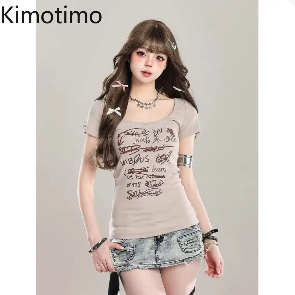 Kimotimo Graffiti Letter Print Short Sleeve T-shirts Women American Retro Square Collar Slim Thin Tops Summer Y2k Aesthetic Tees