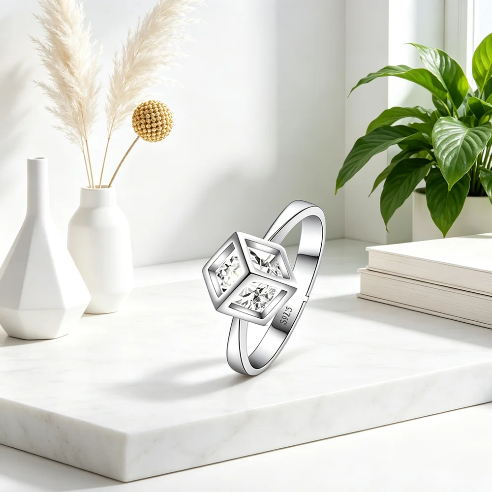 New Trendy Genuine 925 Sterling Silver Smart Cube Shape Female Charm Finger Rings For Women Wedding Engagement Jewelry