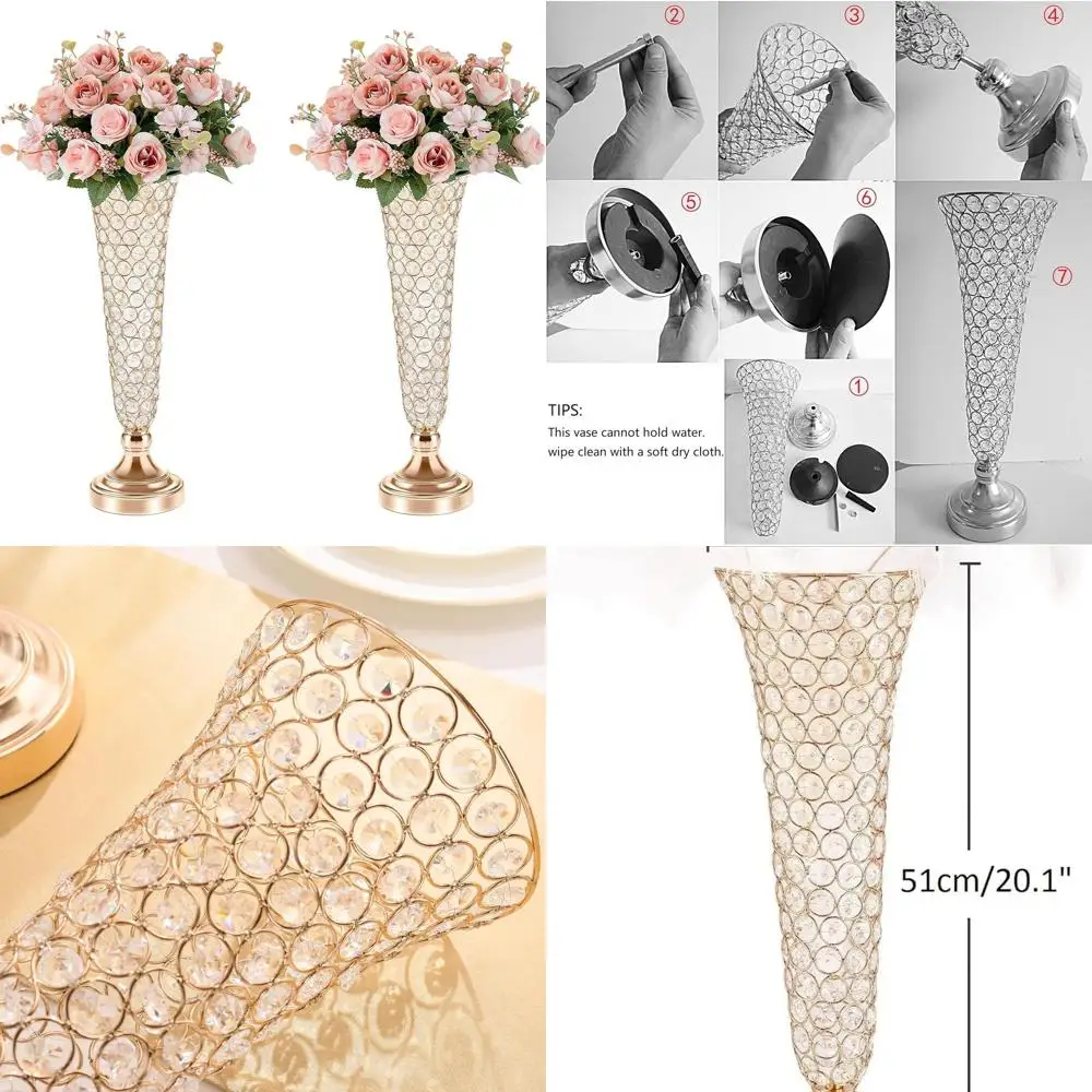 

Gold Crystal Trumpet Vases for Wedding Centerpieces, 20 Tall Floral Vases for Party and Event Table Decorations