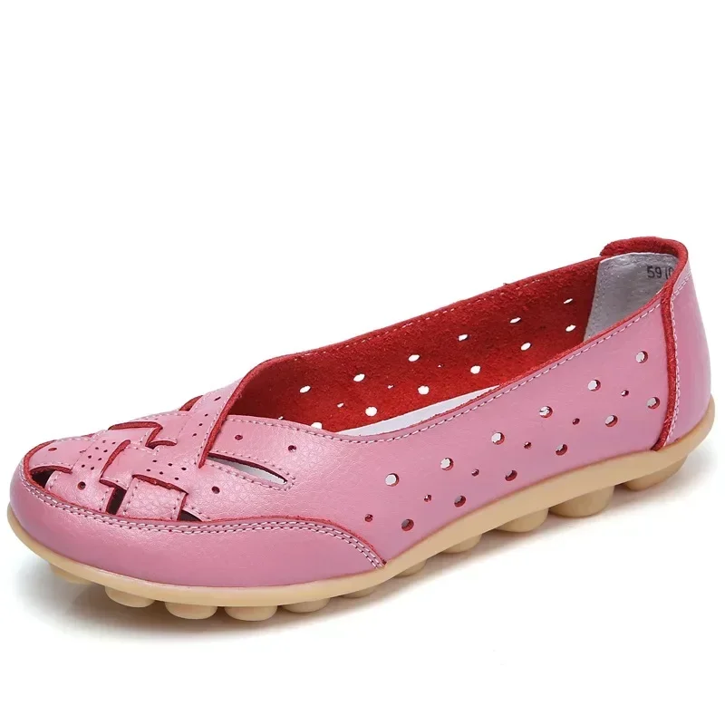 New Women Sandals Fashion Soft Sole Flat Heel Women Hollow Flat Shoes Woman Genuine Leather Shoes Female Casual 2024