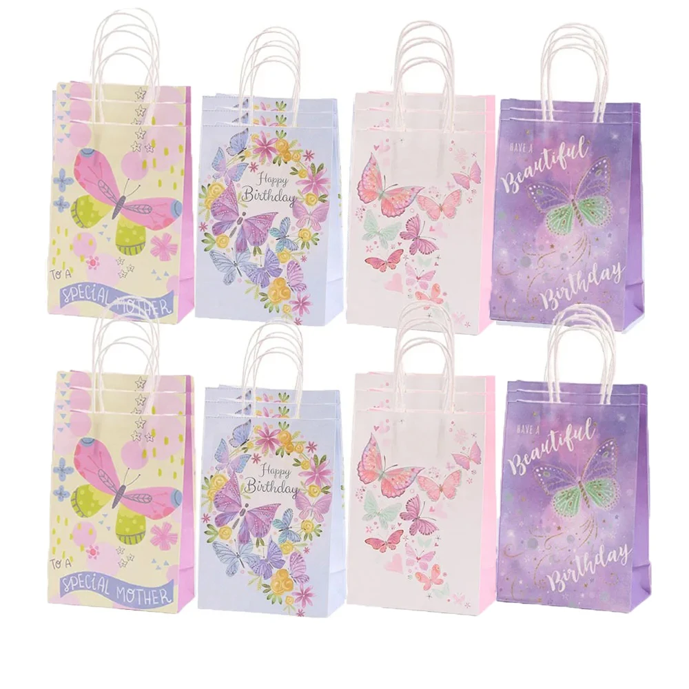 

New Style 6/24pcs Butterfly Paper Gift Bags With Handles Candy Bags Girls Butterfly Birthday Party Decorations Baby Shower Favor