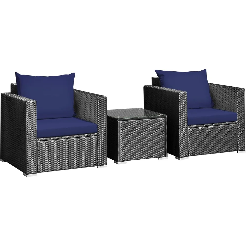 

3 Pieces Patio Furniture Set, Outdoor Rattan Sofa Set with Cushions, Tempered Glass Tabletop, Wicker Conversation Furniture