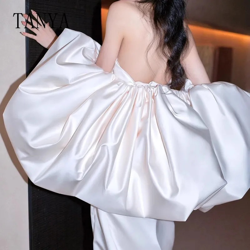 Elegant Satin Sheath Strapless Wedding Dress With Detachable Wedding Cape High Side Split Floor Length Bridal Gown Chic TSWD053