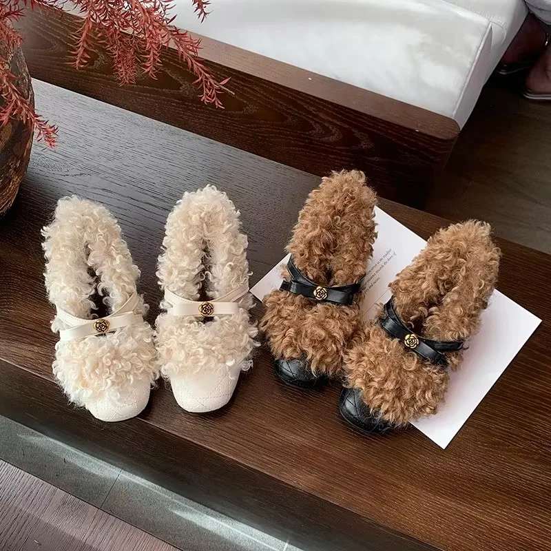 ~Gentle Vintage Style Versatile Fleece-lined Warm Low-cut Flat Shoes for Women, Suitable for Daily Commuting and Outdoor Wear