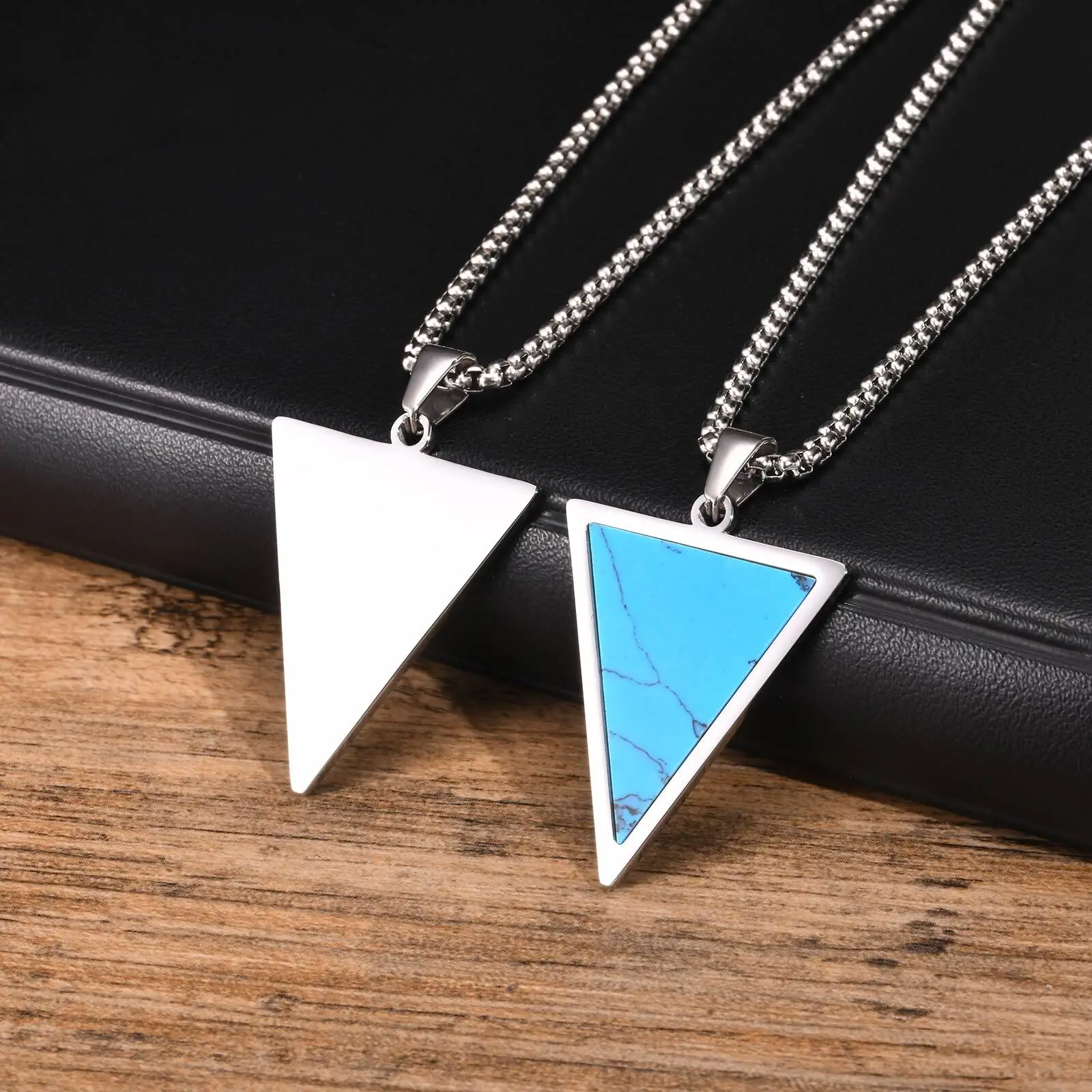 Vnox Inverted Triangle Pendant Necklace for Men Women, Stainless Steel Geometric Pendant with Natural Stone, Simple Cool Jewelry