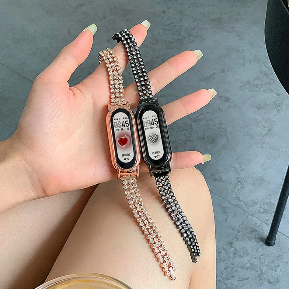 Металлический ремешок для Xiaomi Mi Band 8 7 5 4 3, модный блестящий браслет из нержавеющей стали с бриллиантами Miband 5 6, сменный браслет