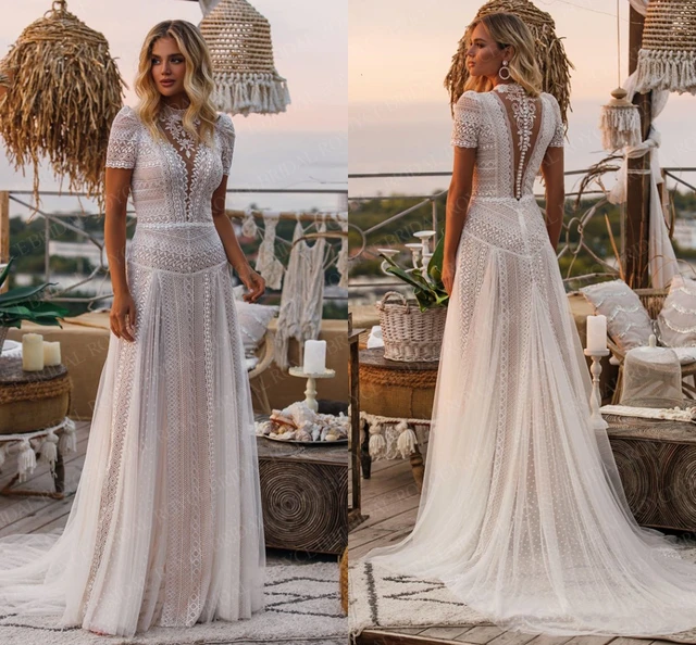 Summer Beach Boho Wedding Dresses High Neck Short Sleeve Vintage Crochet Lace Country Bridal dress vestido de novia con manga