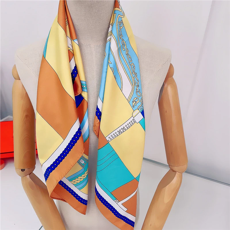 90CM Manual Hand Rolled Twill Silk Scarf Women Wheel Stripes Chain Print Square Scarves Wraps Femme Bandana Lady Hijab Shawl