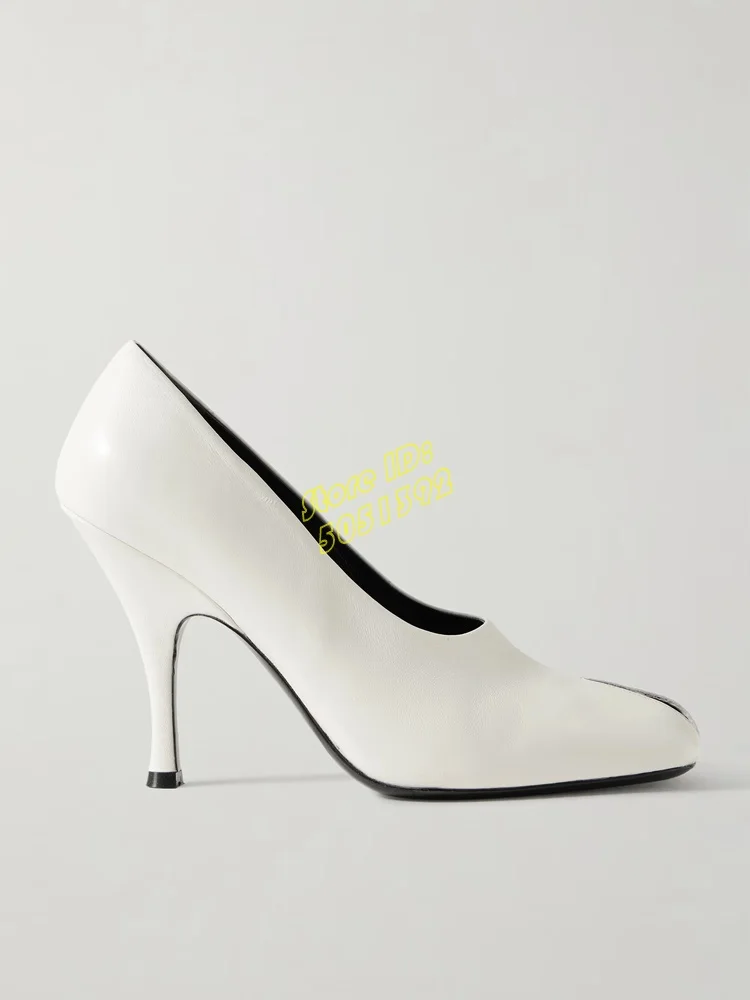 

White Leather Stiletto Heel Pumps Sqaure Toe Slip On Fashion 2025 Runway Summer Women Dress Shoes Shallow Solid Leather