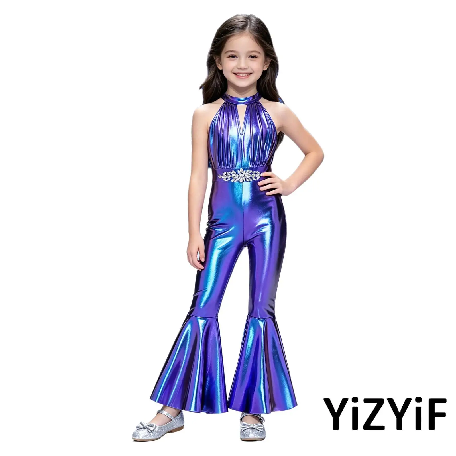 

Kids Disco Jazz Dance One Piece Jumpsuit Girls Shiny Metallic Halter Neck Rhinestone Waist Keyhole Front Bell Bottoms Bodysuit