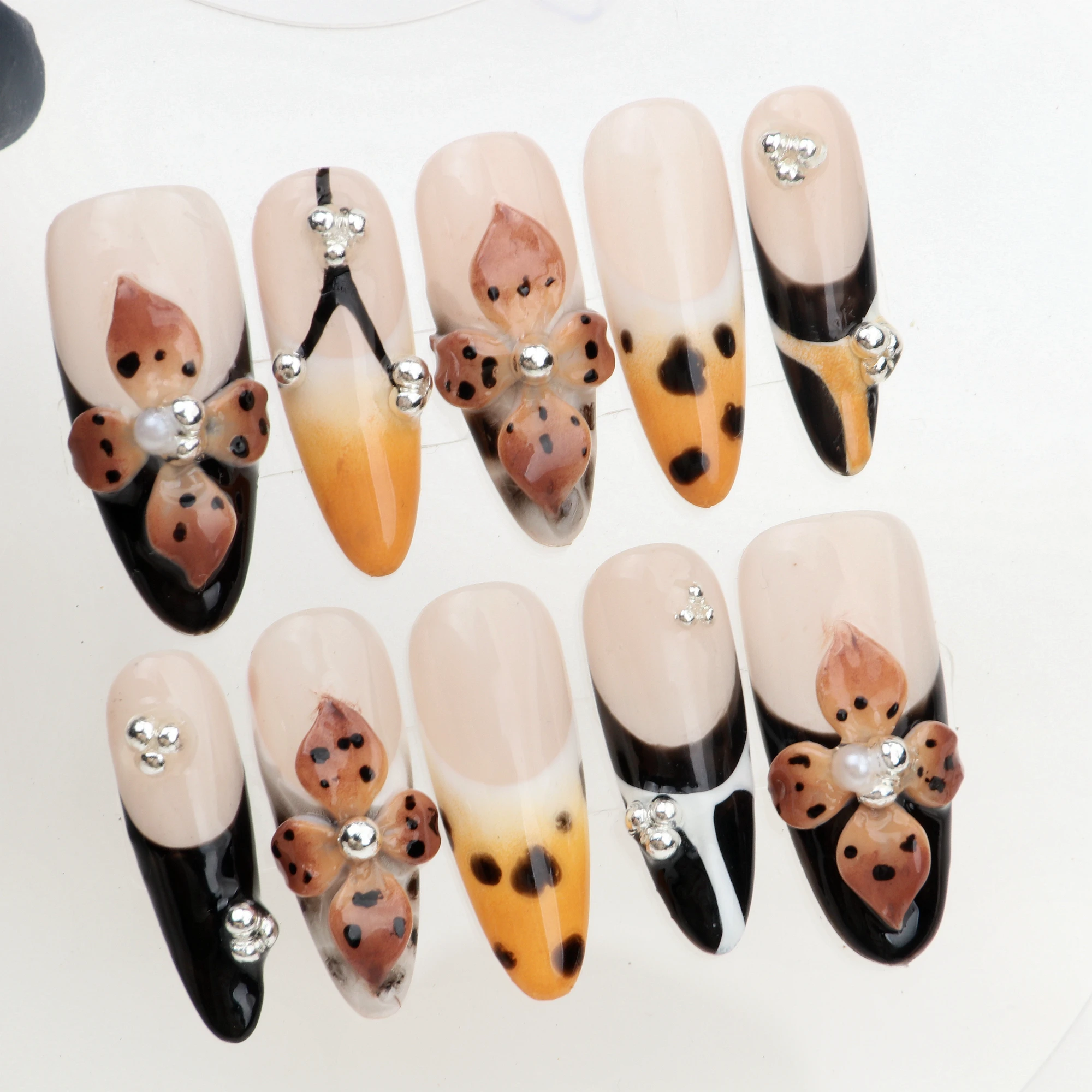 10Pcs Handmade Manicure Long Almond Fake Nails Unique 3D New Cut Flowers Press On Nails Design with Adhesive Nail File Set