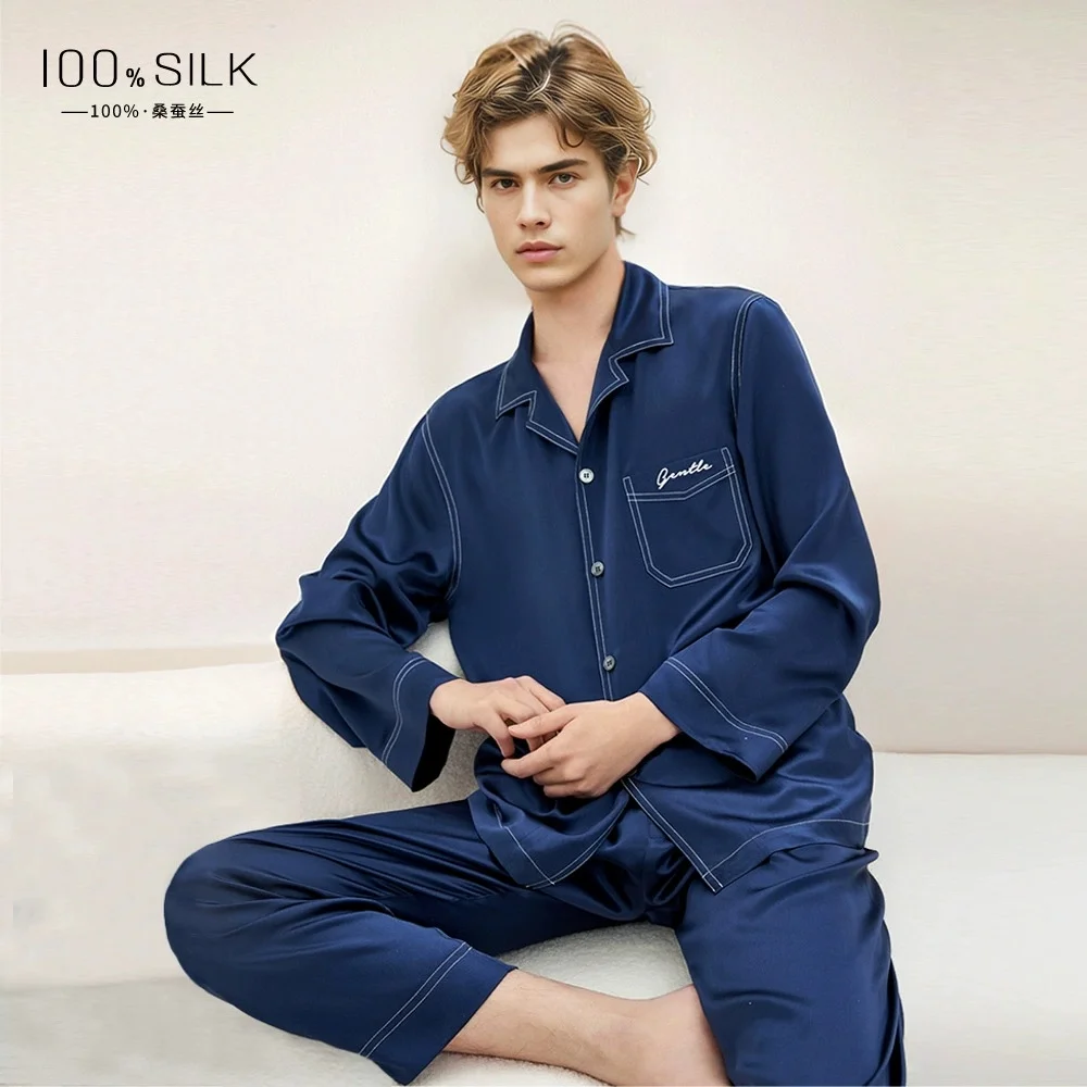 19mm heavy-weight silk pajamas, men's 100% mulberry silk two-piece loungewear set