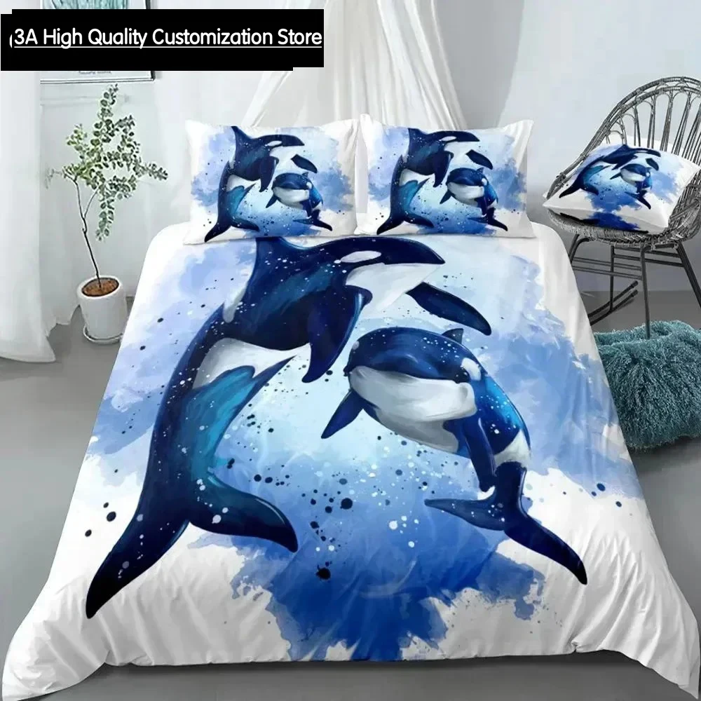 

Killer Whales Duvet Cover Set Blue Ocean Bedding Boys Boys Girls Watercolor Animal Quilt Cover White Queen Cartoon Dropship