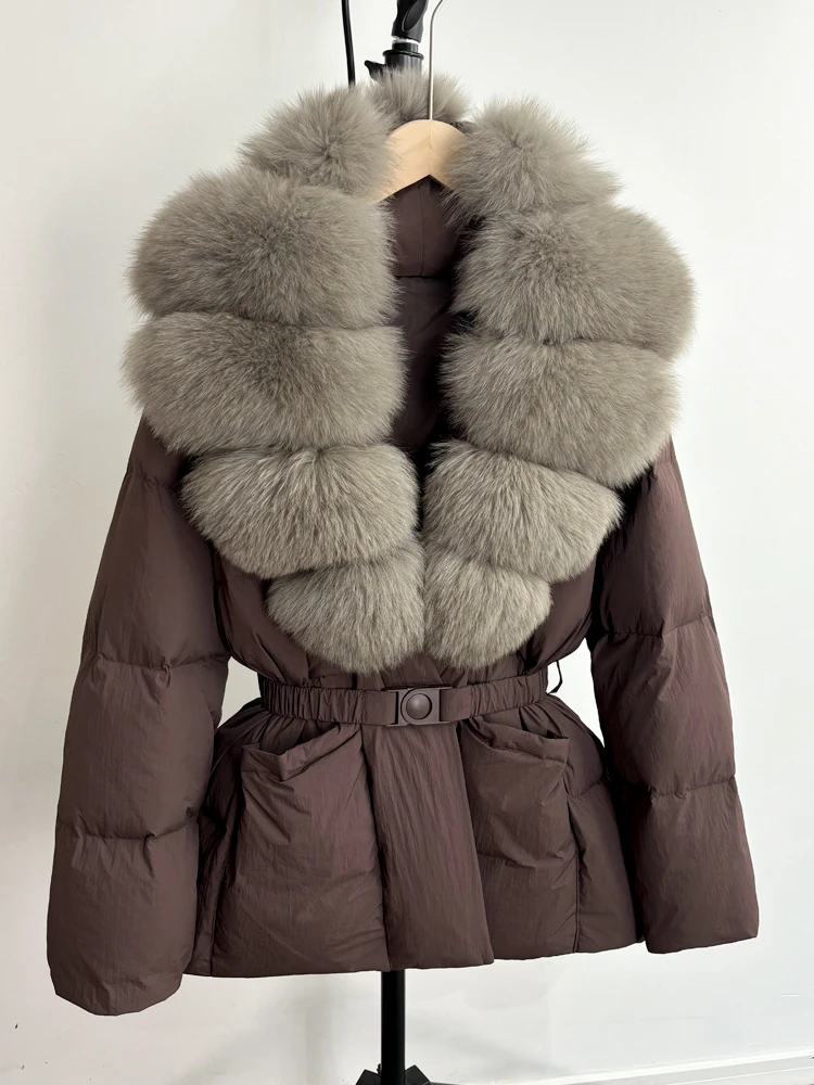 Lagabogy 2025 Large Real Fox Fur Winter Belt Waist-Tight Elegant Warm 90% White Duck Down Jacket Female V-neck Loose Puffer Coat