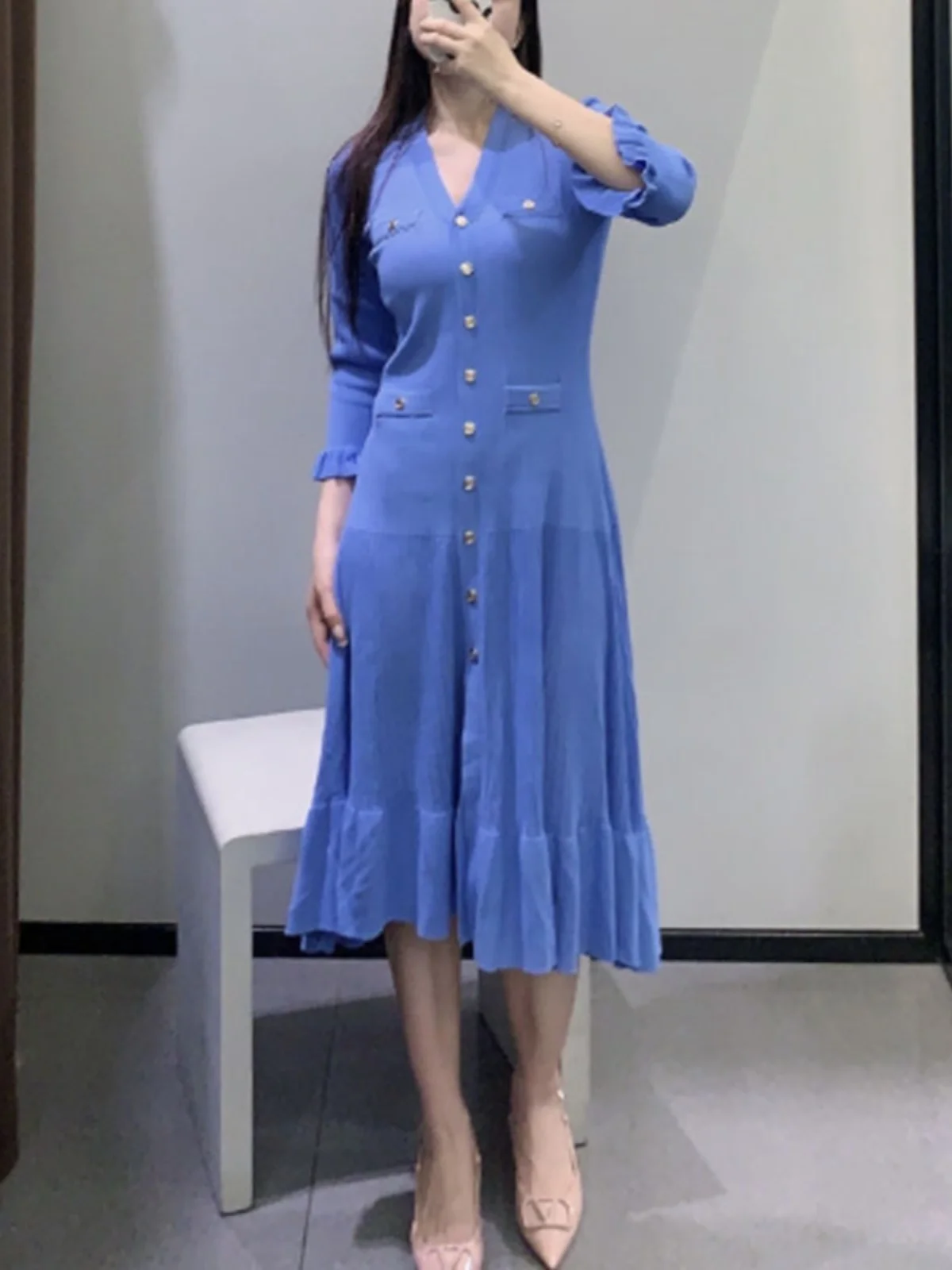 

Quali S Home 2024 Autumn Summer Classic Sle Peaco Blue V-ne Knitted Dr Slim Fi-tail Skirt Faionable Women's Dr