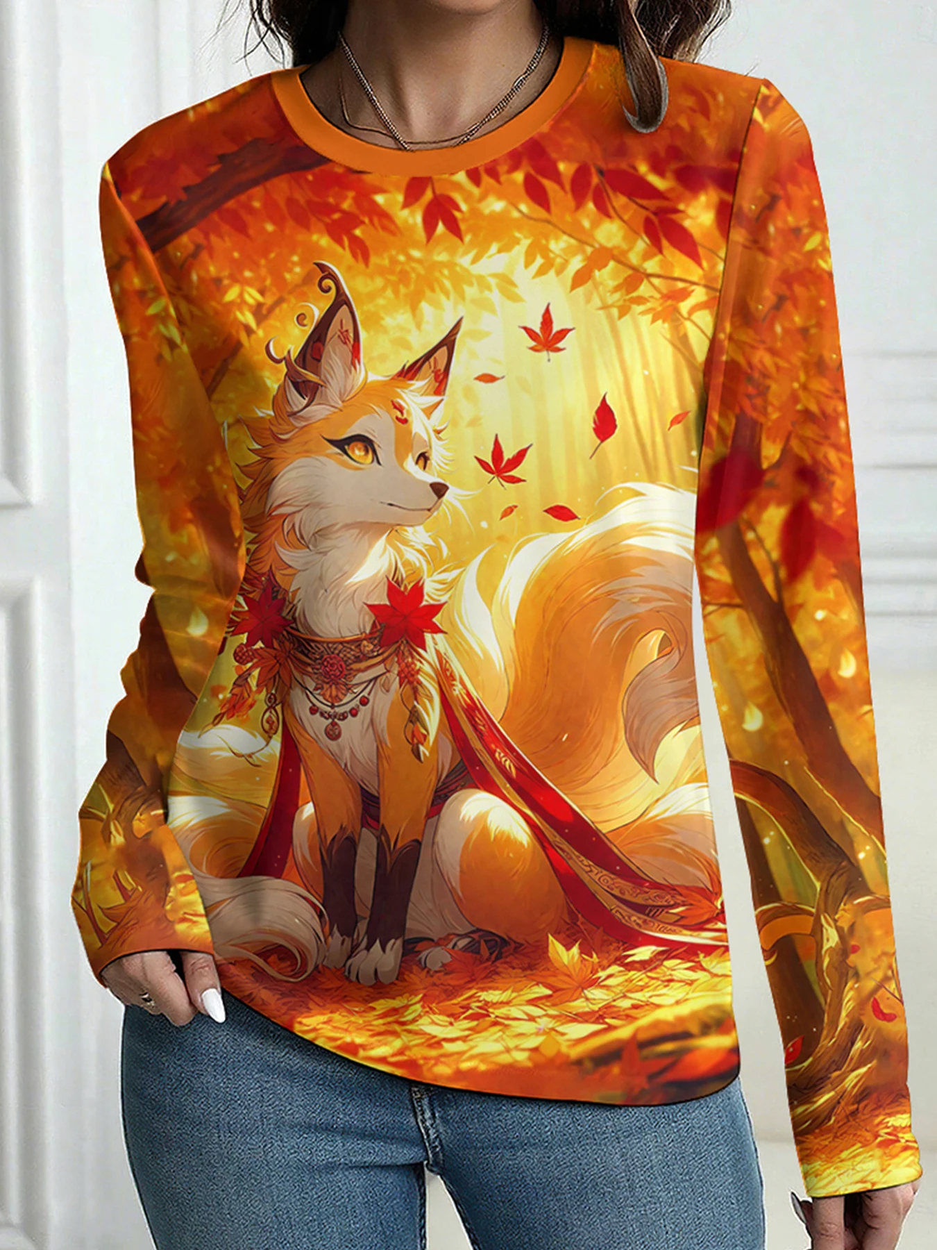 

Женская футболка с длинным рукавом, забавные футболки с принтом лисы, эстетические пуловеры с круглым вырезом большого размера для любителей лисы