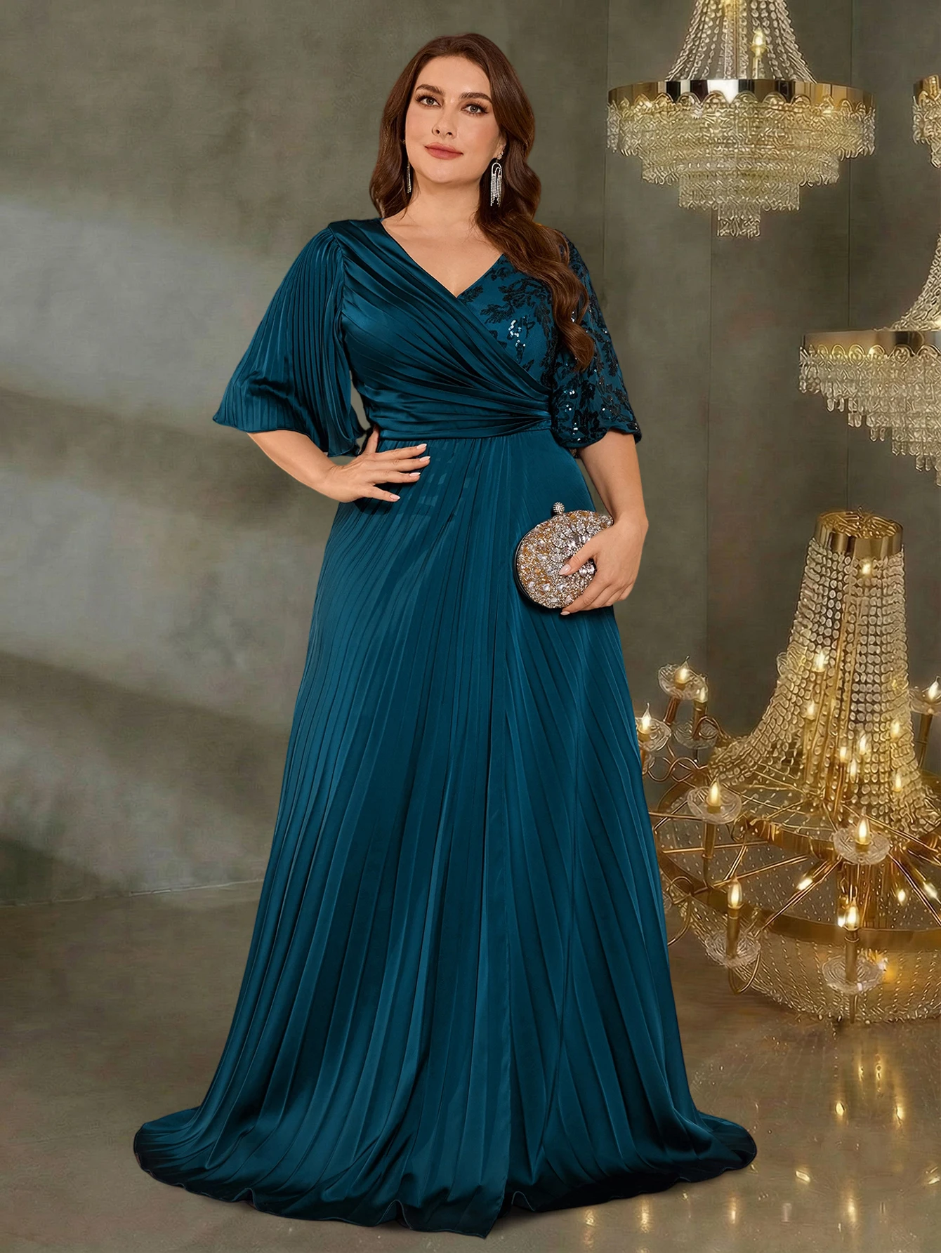 Plus Size Short Sleeve Ribbon Sequin Formal Evening Dresses Women Long Mermaid Wedding Party Bridesmaid Guest Gowns
