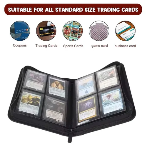 Imagen 2 del producto Carpeta de tarjetas de 4 bolsillos, 160 ranuras para tarjetas, soporte para tarjetas comerciales, cubierta de PU, cierre de cremallera, carpeta de tarjetas de carga lateral, álbum