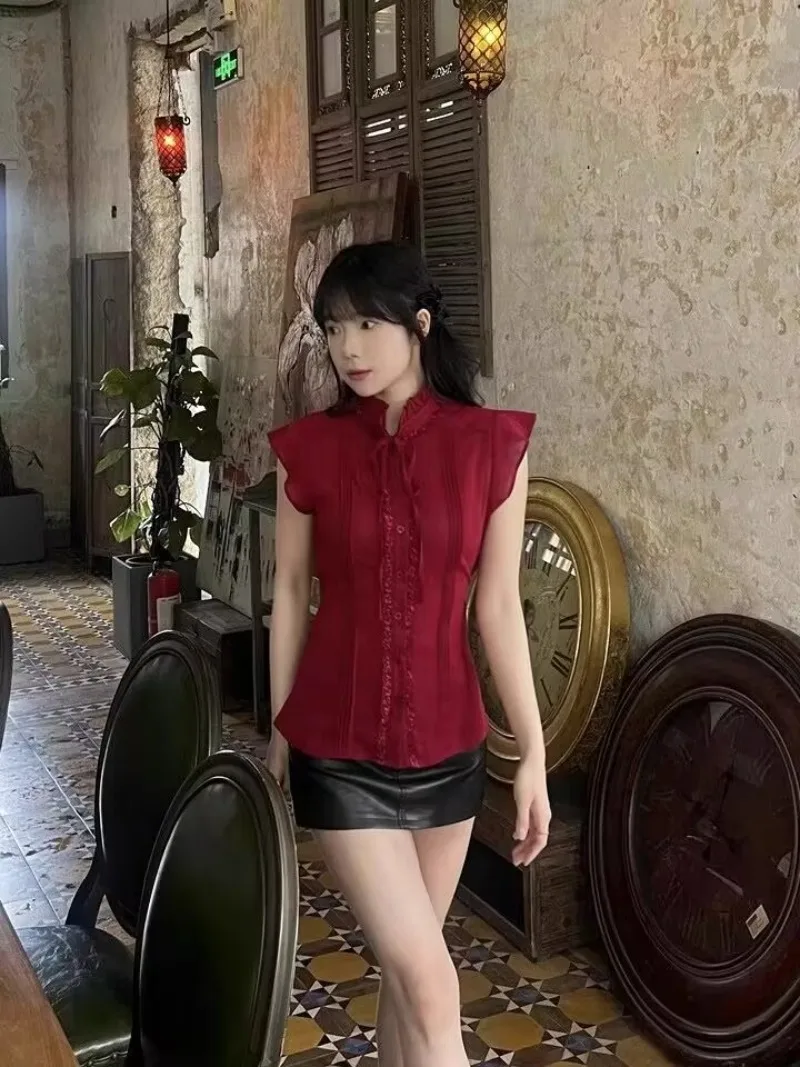 Summer Lolita New Wine Red Ruffle Collar Shirt Women Y2k Vintage Design Slim Fit Casual Blouses Elegant Style Korea Fashion Tops