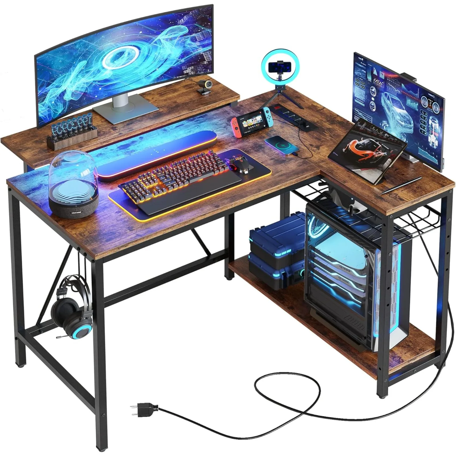 

US Bestier Small L Shaped Desk with Charging Port & LED Strip,Modern Computer