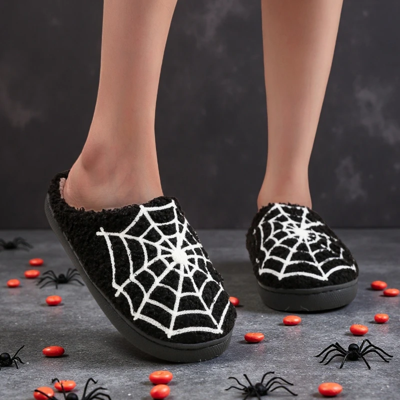 Cute Cartoon Halloween Red Spider Web Cotton Slippers for Men and Women Warm House Shoes Soft Plush Couples Home Fuzzy Slides
